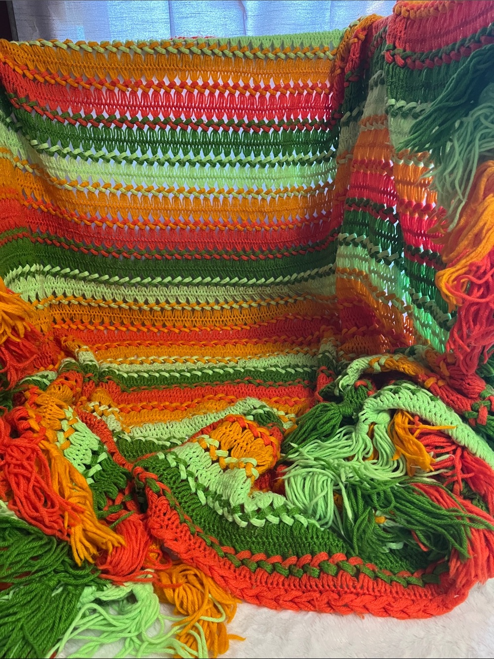 Vibrant Retro Vintage Hand-Crocheted Fringe Throw in Lime, Orange & Green